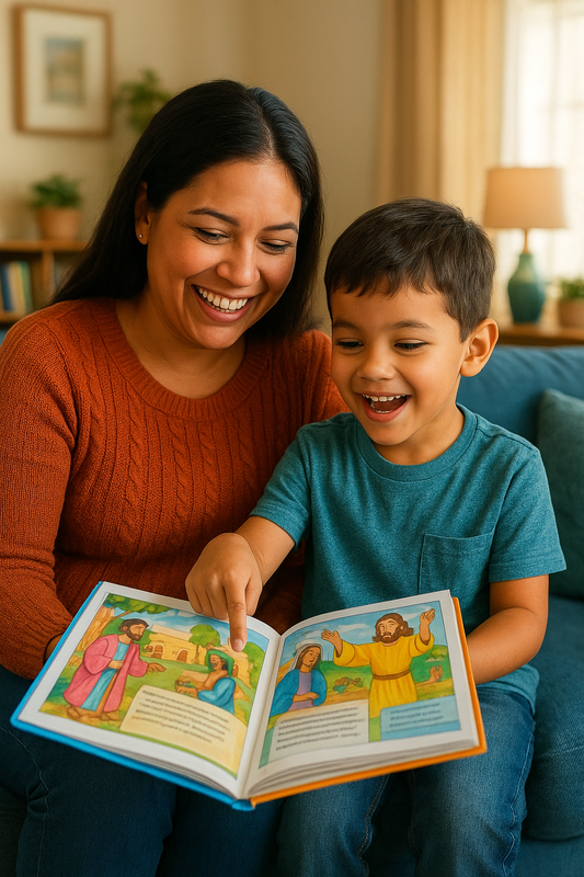 Mãe e filho usando o Devocional do Pequenino
