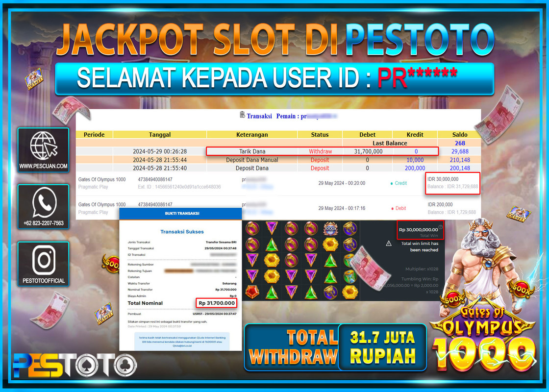 HANYA DI PESTOTO JP PASTI DI BAYAR LUNAS DAN CEPAT!!!!!! JP SLOT{ GATES OF OLYMPUS 1000  } Rp.31.700.000 !!!!!