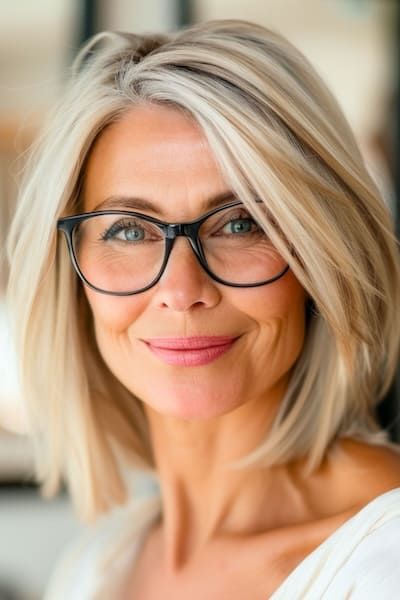Medium-Length Hairstyle Designed for Glasses-wearers Women over 50