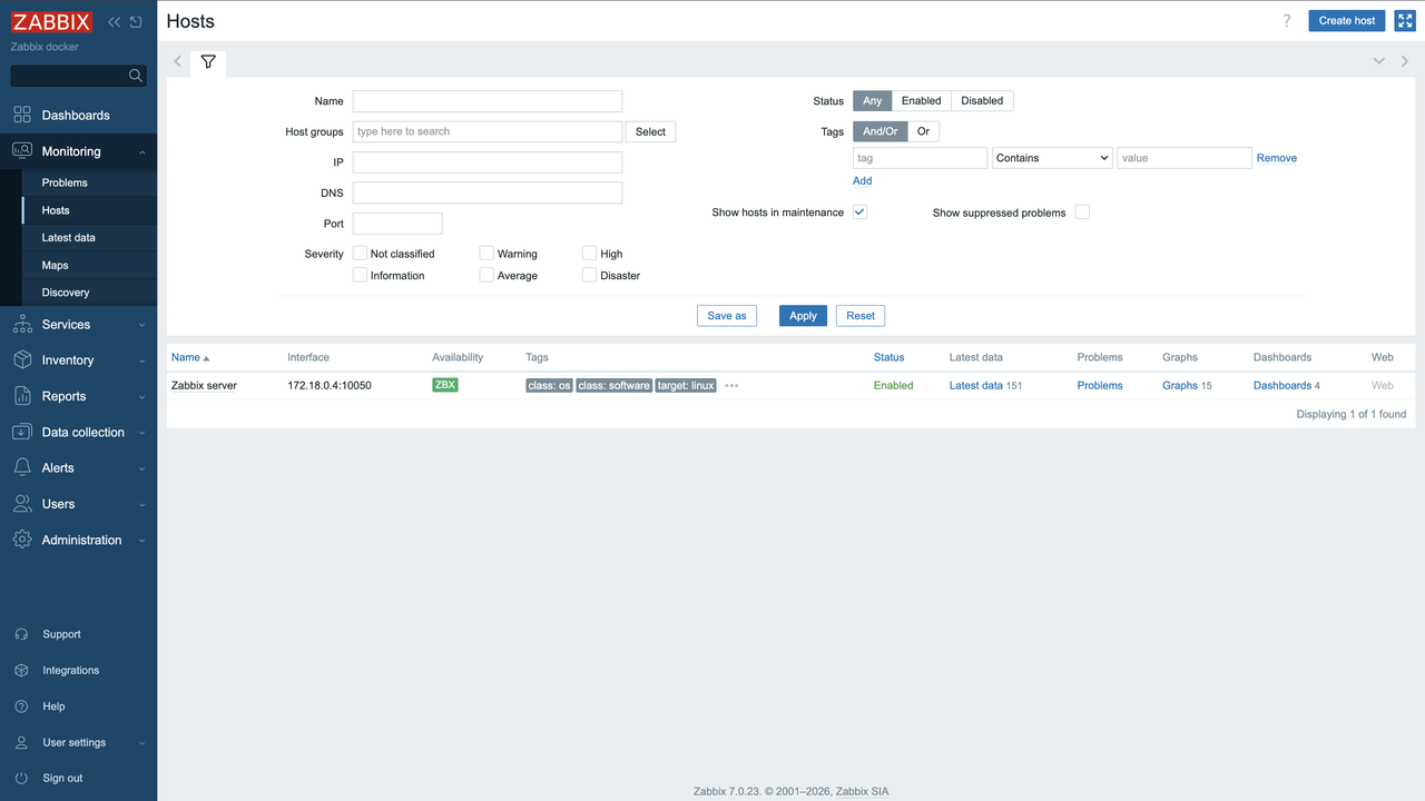 Zabbix Hosts page green ZBX badge