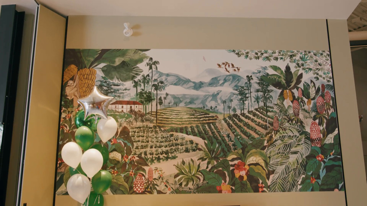 Coffee farm mural wall in the finished Starbucks