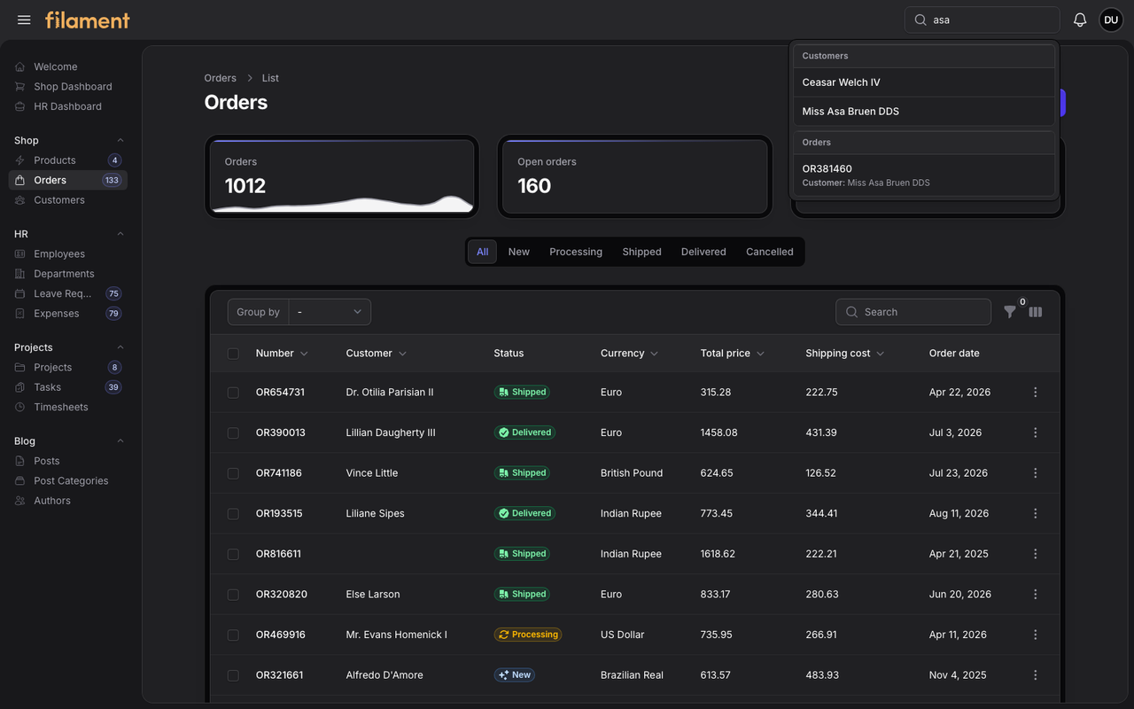 Stature Theme global search on the Shop Orders page in dark mode