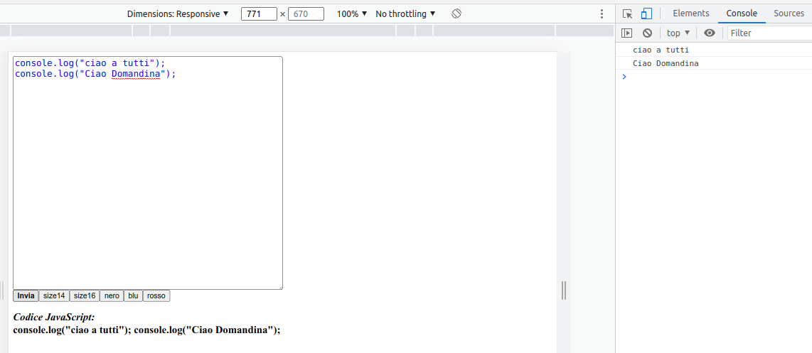 Browser Console - esempio HTML textarea, JavaScript in locale