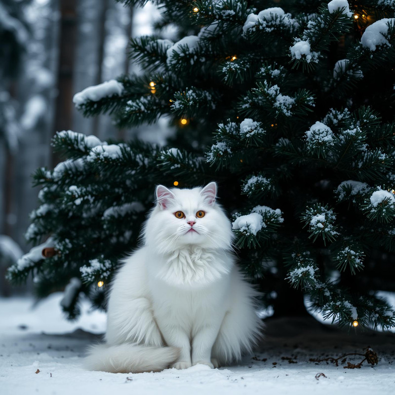 White_fluffy_cat_sits_under_a_large_Christmas_tree (2)