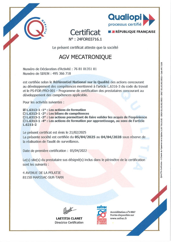 Certificat AGV Mécatronique