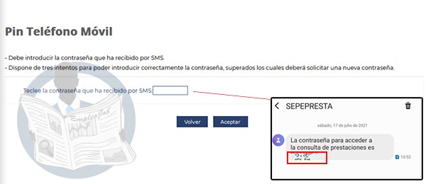 Verificación del Pin recibido por SMS para consultar el estado de la prestación por desempleo