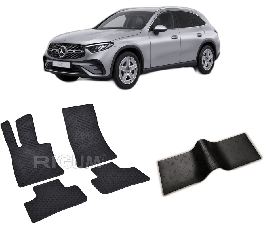 Set covorase auto MERCEDES GLC X254 din 07.2022-PREZENT, cu covoras tunel median, CAROSERIE SUV, Presuri cauciuc 100%, compatibil cu autoturismul MERCEDES GLC X254, Rigum