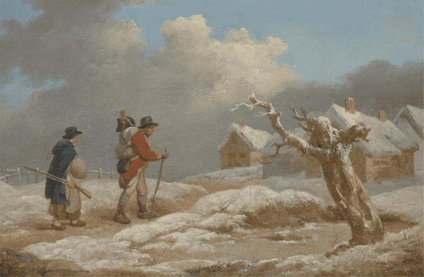 a painting of two people walking along a trail in the snow