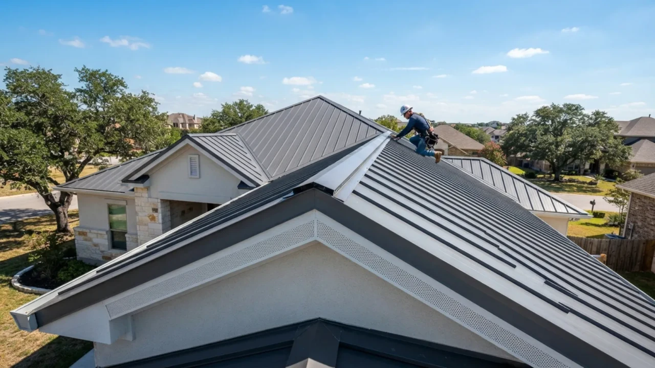 Attic ventilation ridge vent and soffit vent installation on metal roof San Antonio home