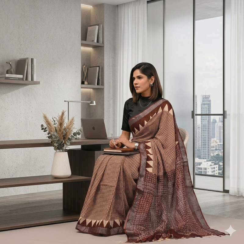 Qyaari Linen Saree for Women | Hand Block Printed | Lightweight & Breathable | Summer Wear | With Blouse