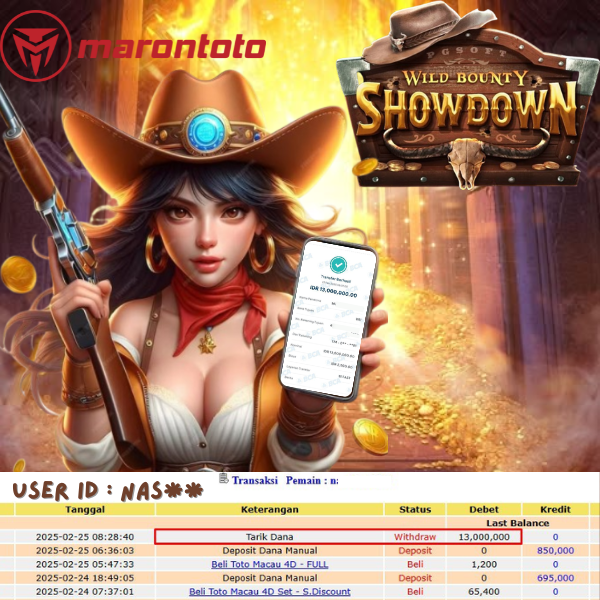 Bukti Kemenangan Member Marontoto Sebesar  13,000,000 JuTa