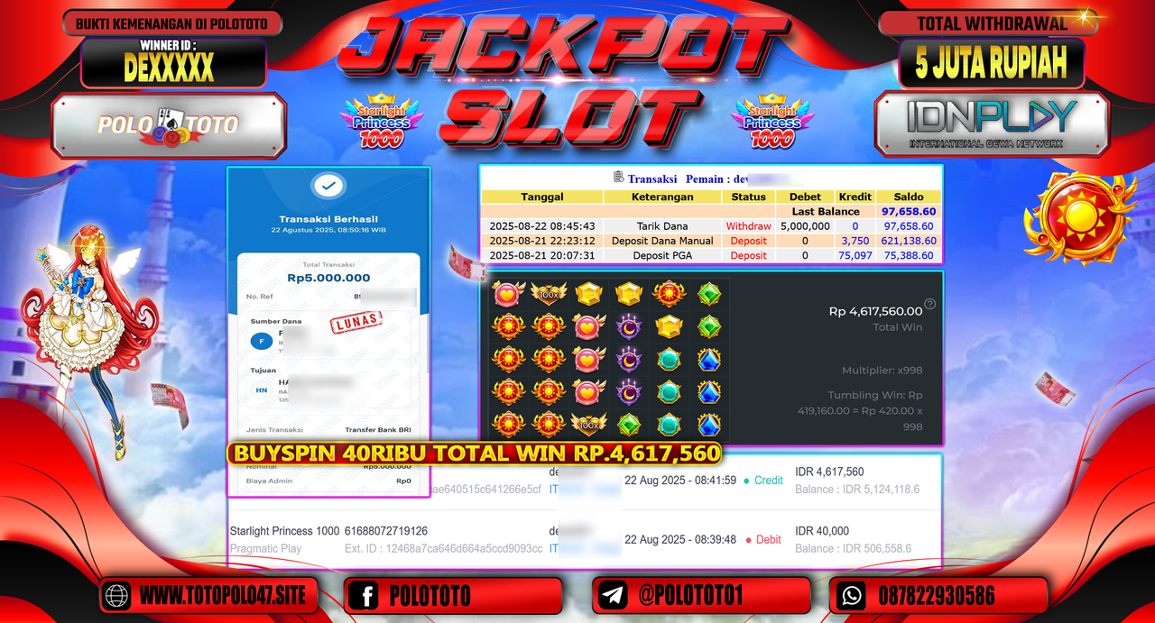 POLOTOTO JACKPOT SLOT STARLIGHT PRINCESS 1000 Rp.5.000.000,-
