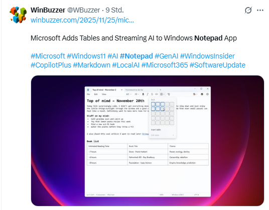 Notepad mit Tables und AI