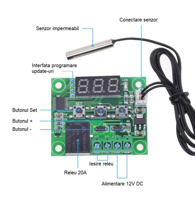 Termostat electronic digital universal 12V releu 20A cu sonda de  temperatura NOU W1209 frigider rulota acvariu - zella.ro