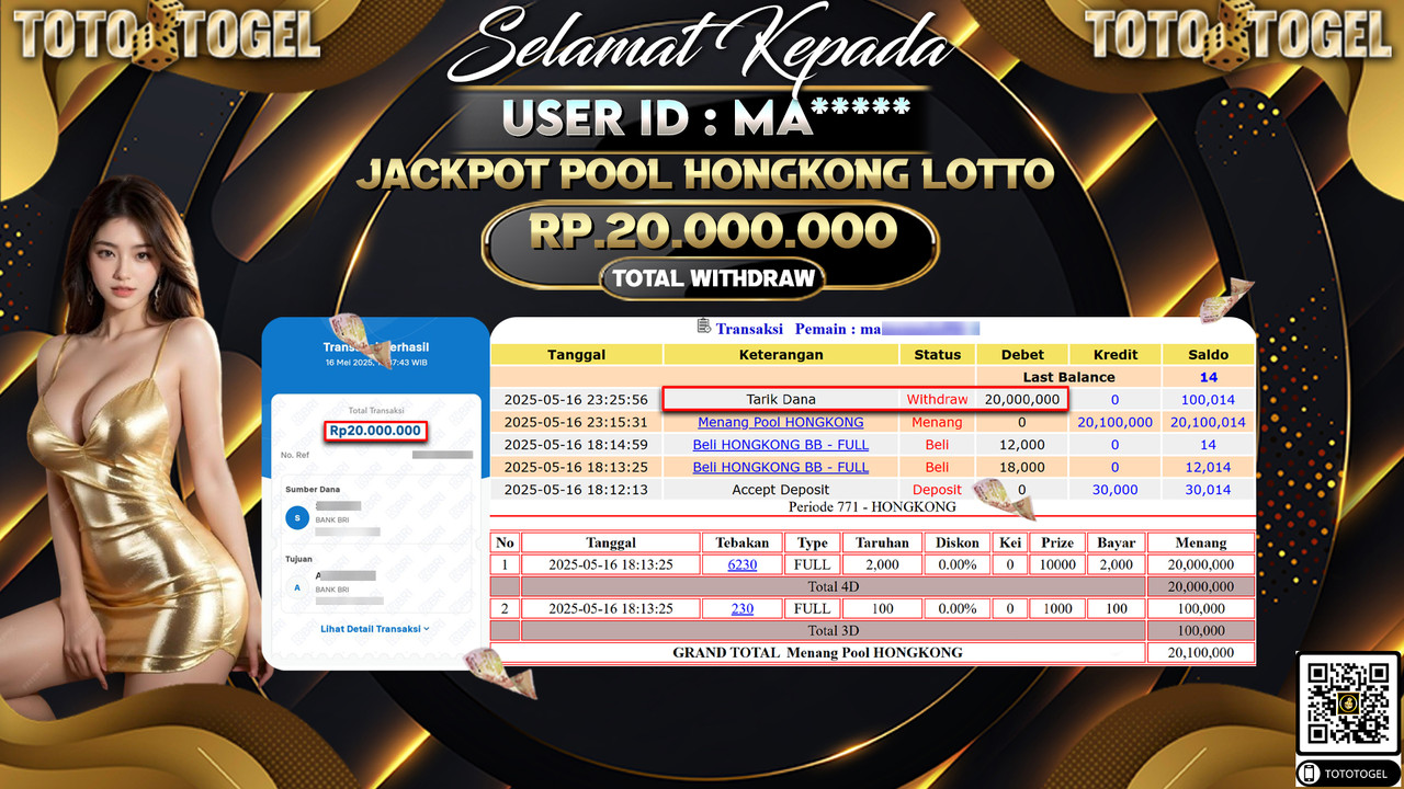 Bukti Pembayaran Jackpot Permainan Togel Pool Hongkong Lotto ID:MA***** LUNAS
