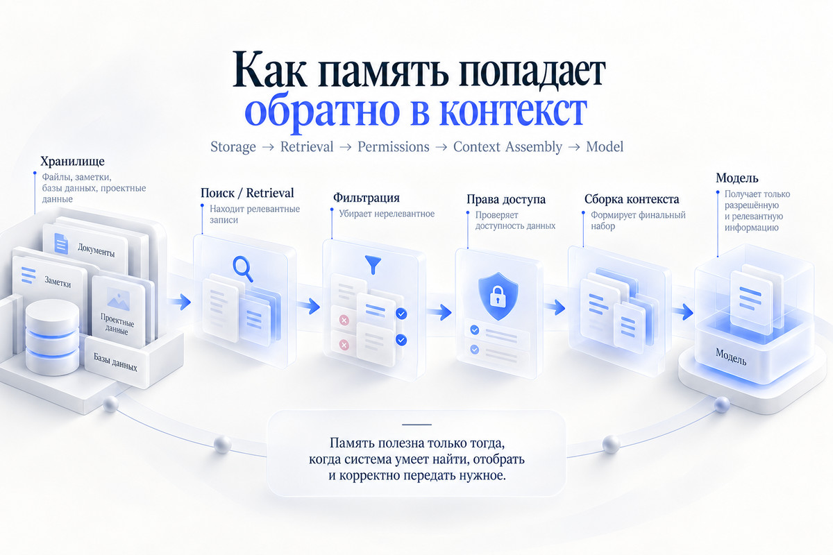 Как память ИИ-агента возвращается в контекст: хранилище, retrieval, фильтрация, права доступа, сборка контекста и модель