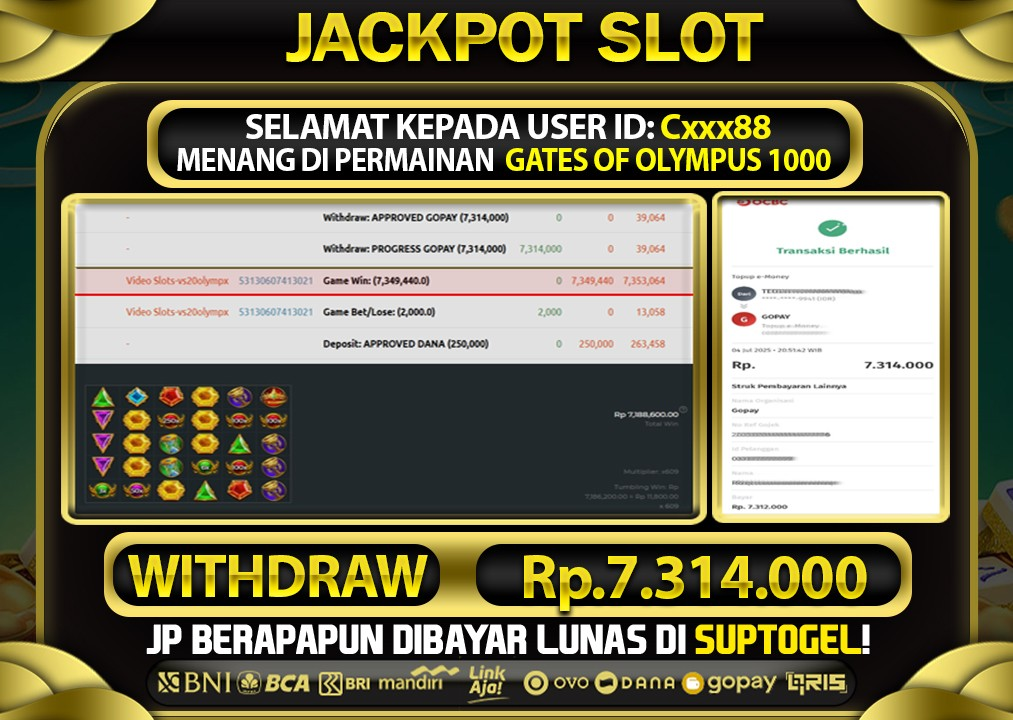  BUKTI KEMENANGAN 4 JULY 2025 MENANG DI PERMAINAN GATES OF OLYMPUS 1000 TOTAL WD 7 JUTAAN