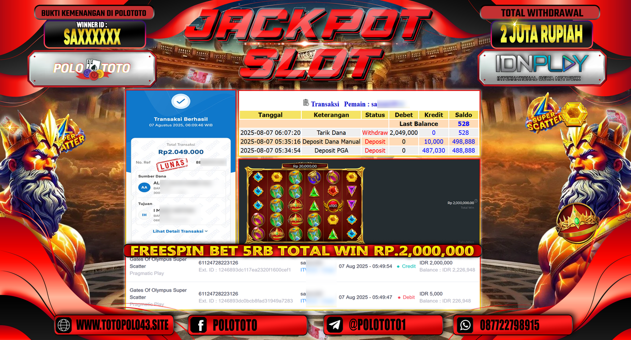 POLOTOTO JACKPOT SLOT GATES OF OLYMPUS SUPER SCATTER Rp.2.000.000,-LUNAS