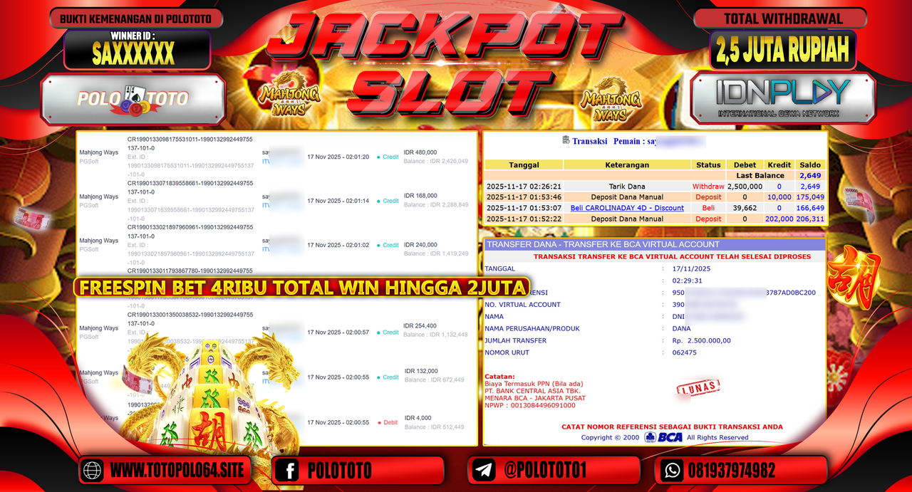 POLOTOTO JACKPOT SLOT MAHJONG WAYS Rp.2.500.000,- LUNAS