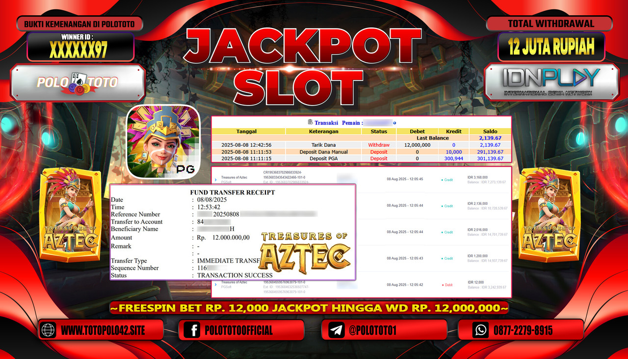 POLOTOTO JACKPOT SLOT TREASURES OF AZTEC Rp.12.000.000,-LUNAS