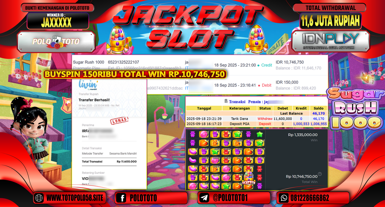 POLOTOTO JACKPOT SLOT SUGAR RUSH 1000 Rp.11.600.000,- 
