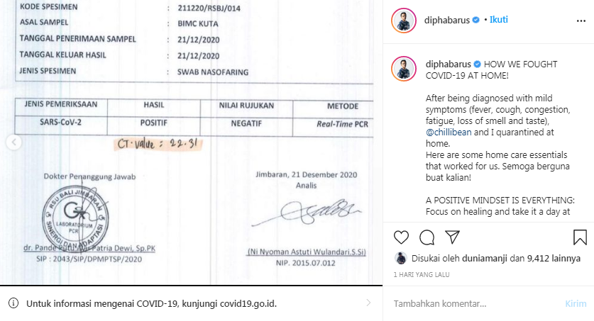 Hasil tes swab Dipha Barus
