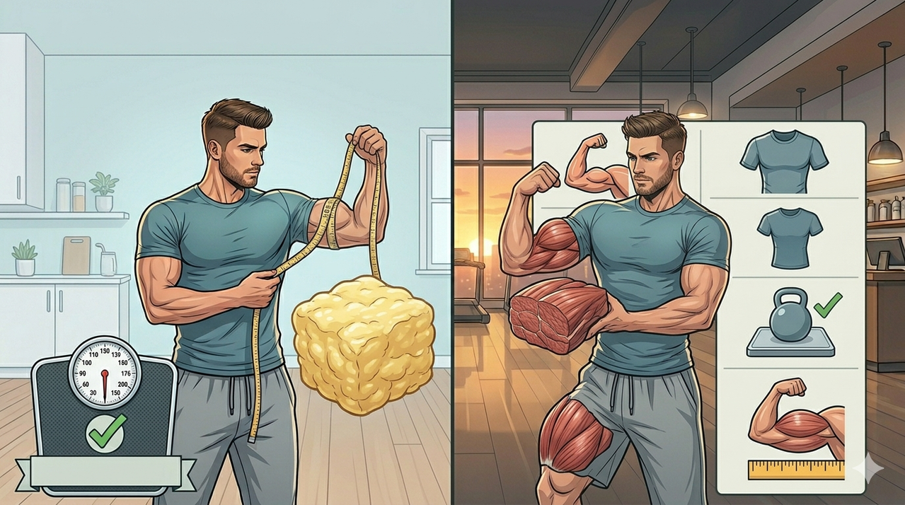 Comparison of 5 pounds muscle vs 5 pounds fat showing muscle gain without scale change and body recomposition signs