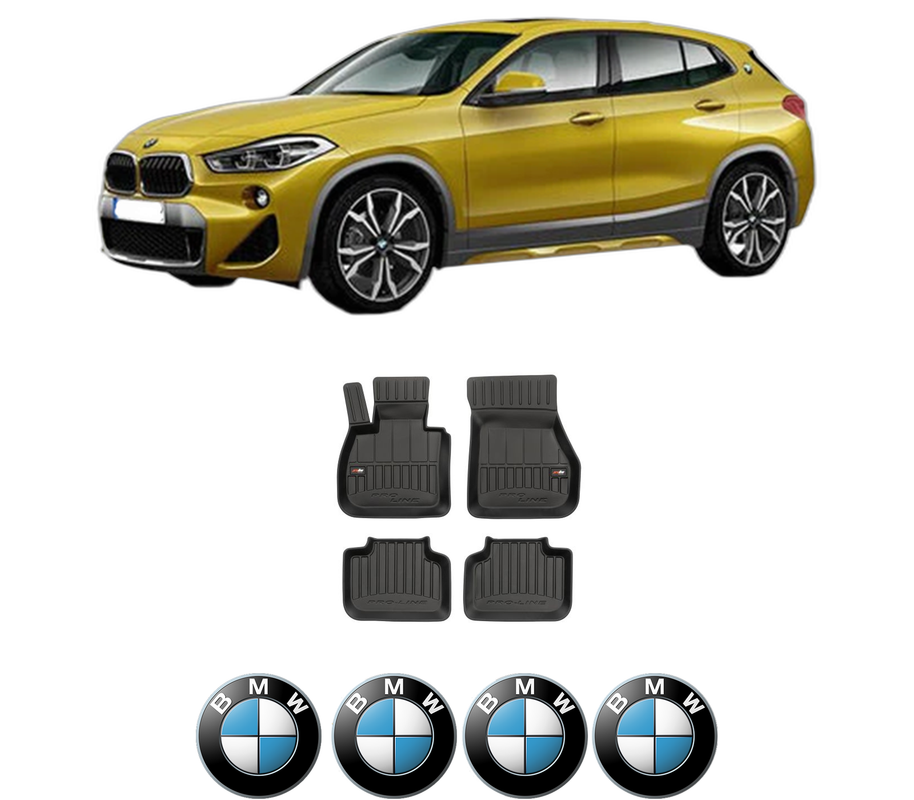 Set covorase presuri BMW Seria X2 (F39) din 2017-2023, auto, din cauciuc thermoplastic, 4 Stickere auto cu BMW Seria