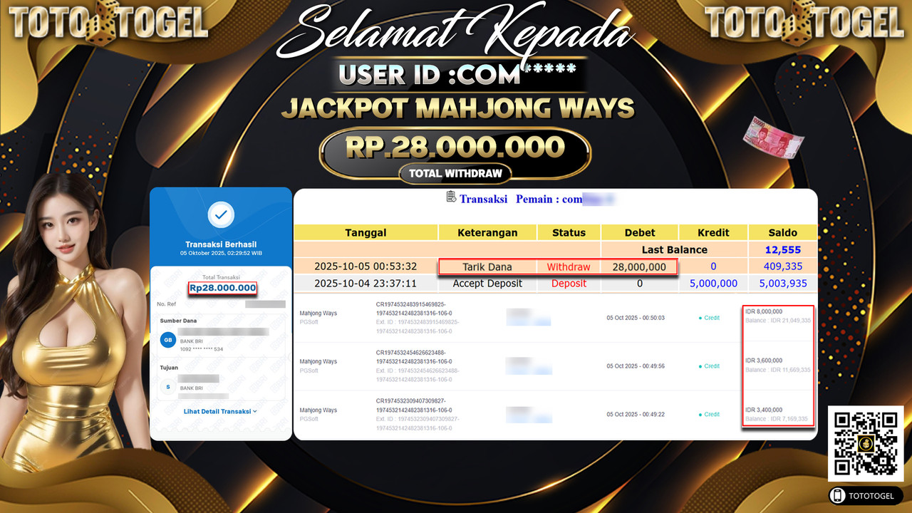 Bukti Pembayaran Jackpot Permainan Slot Mahjong Ways ID:COM*** LUNAS