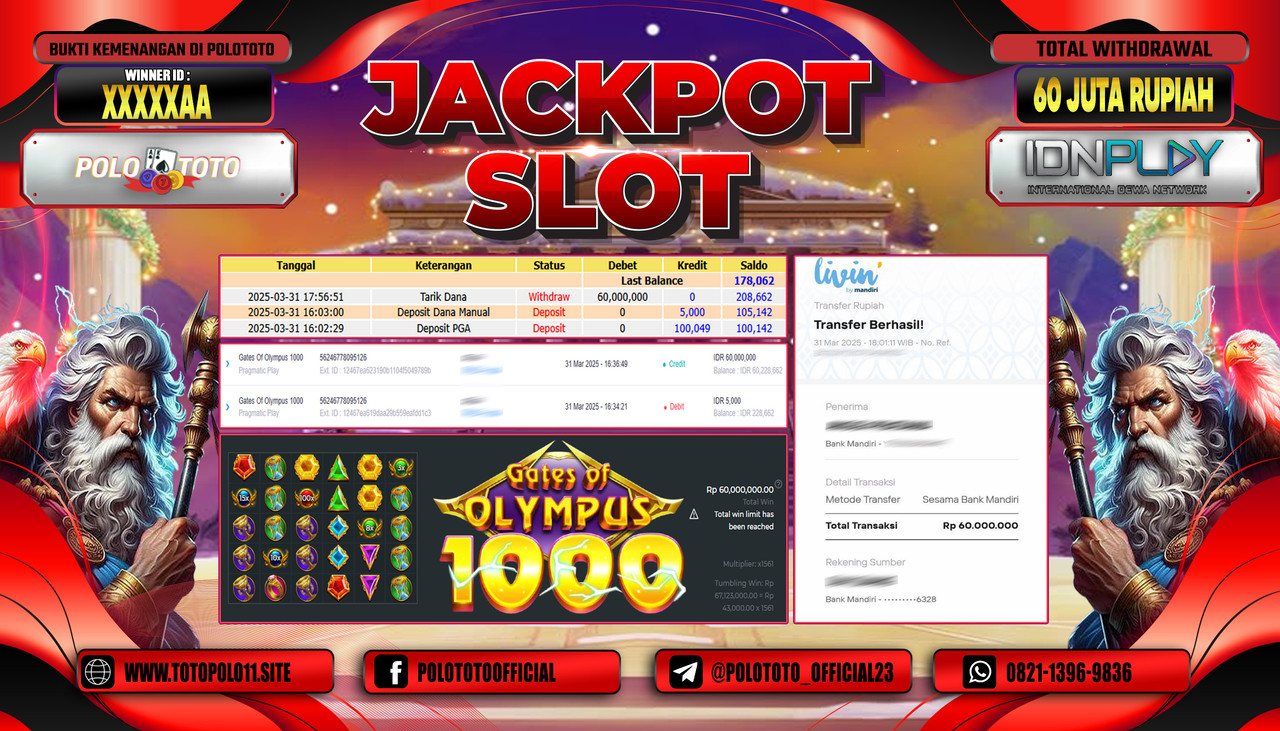 POLOTOTO JACKPOT SLOT GATES OF OLYMPUS 1000 Rp.60.000.000,-