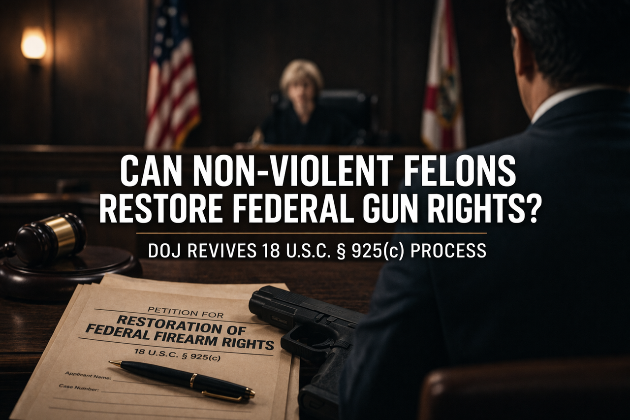 Courtroom scene illustrating federal firearm rights restoration process with legal documents and judge, representing 18 U.S.C. § 925(c) relief for non-violent felons