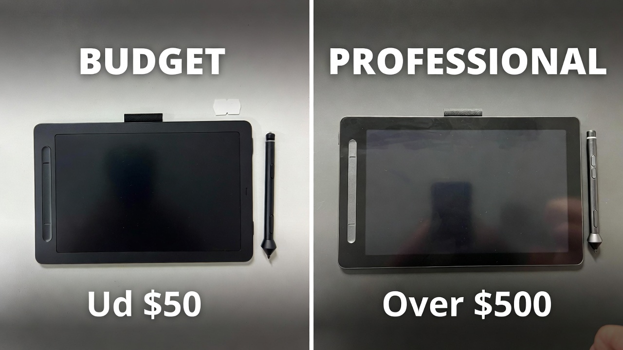 Side by side comparison of budget and professional drawing tablets showing different price tiers