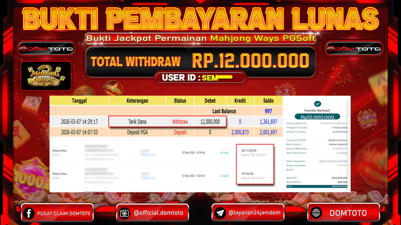 JACKPOT SLOT Mahjong Ways PGSoft 07 MARET 2026