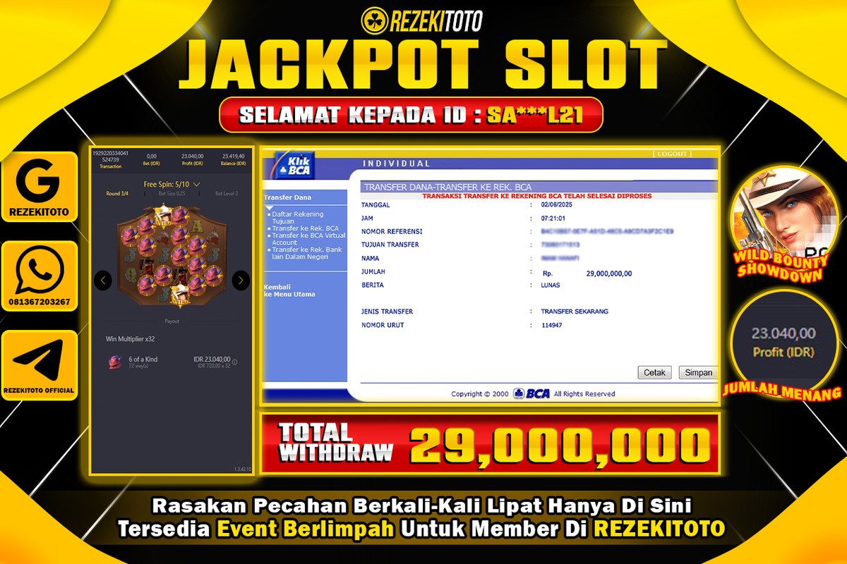 BUKTI KEMENANGAN 02 JUNI 2025 WILD BOUNTY SHOWDOWN WD 29 JUTA 