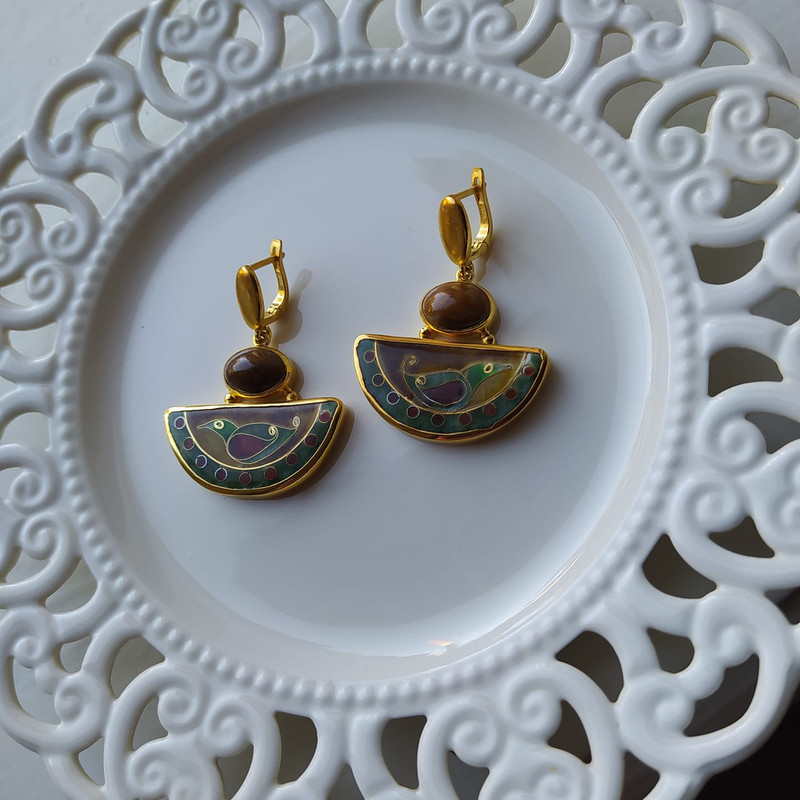 Minankari Earrings Green Birds, Handmade Gold-Plated Silver  - handmade cloisonne enamel
