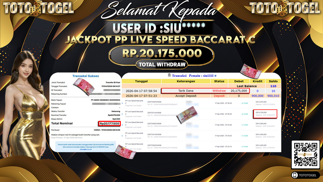 Bukti Pembayaran Jackpot Permainan Pragmatic Live PP Live Speed Baccarat C ID:SIU*****LUNAS
