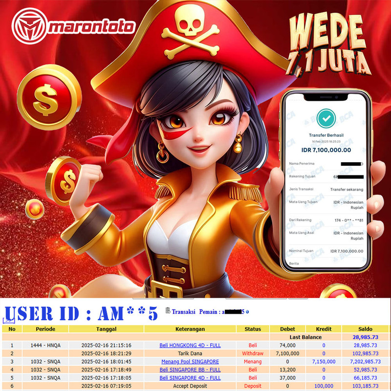 Bukti Kemenangan Member Marontoto Sebesar 7.100,000 JuTa