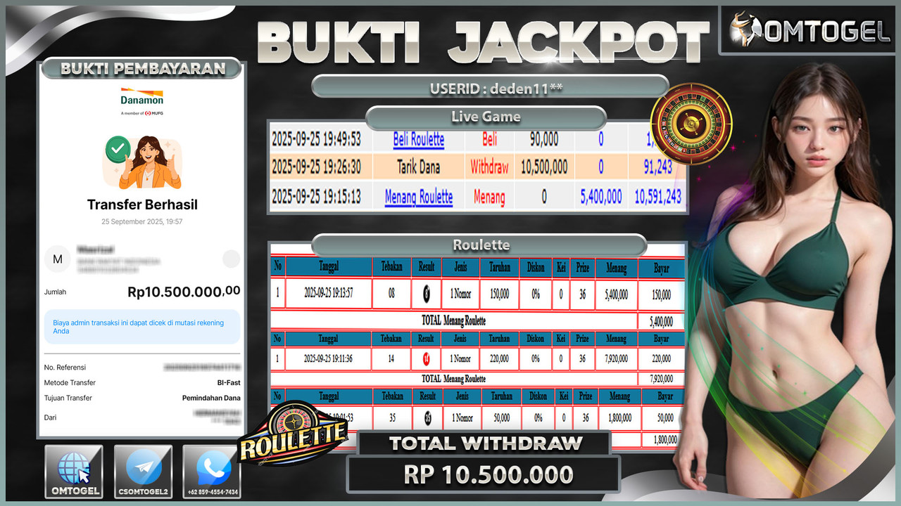 OMTOGEL JACKPOT LIVE GAMES ROULETTE 10 JUTA DI BAYAR LUNAS ,-