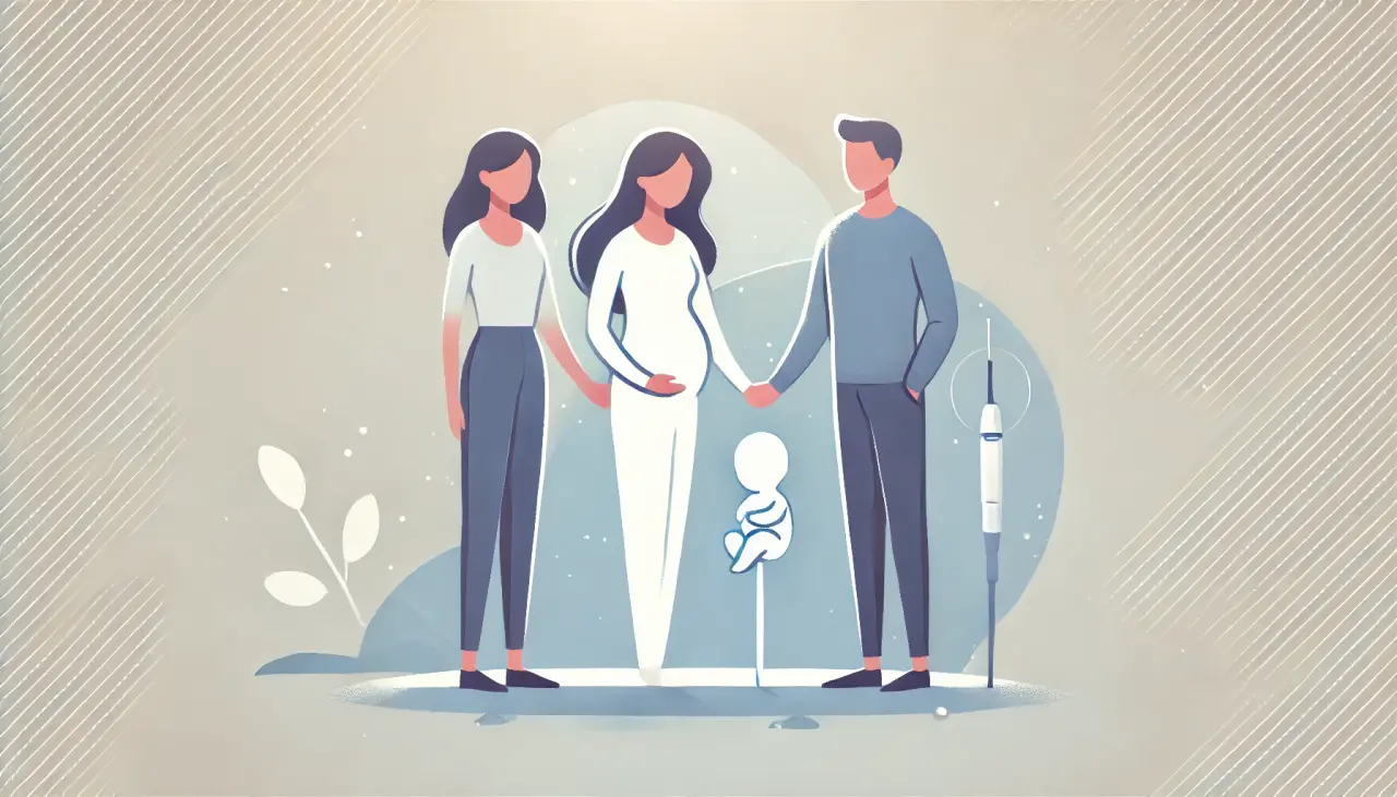 Illustration of a surrogate mother with intended parents, symbolizing the commitment and shared investment in the surrogacy journey.