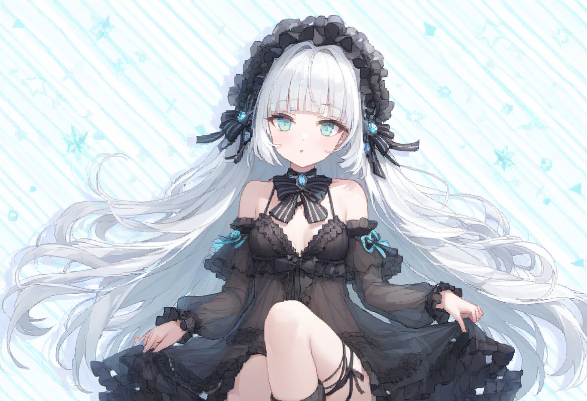 1girl, cute striped background, aqua eyes, long hair, hime cut, white hair, shor s-474378688