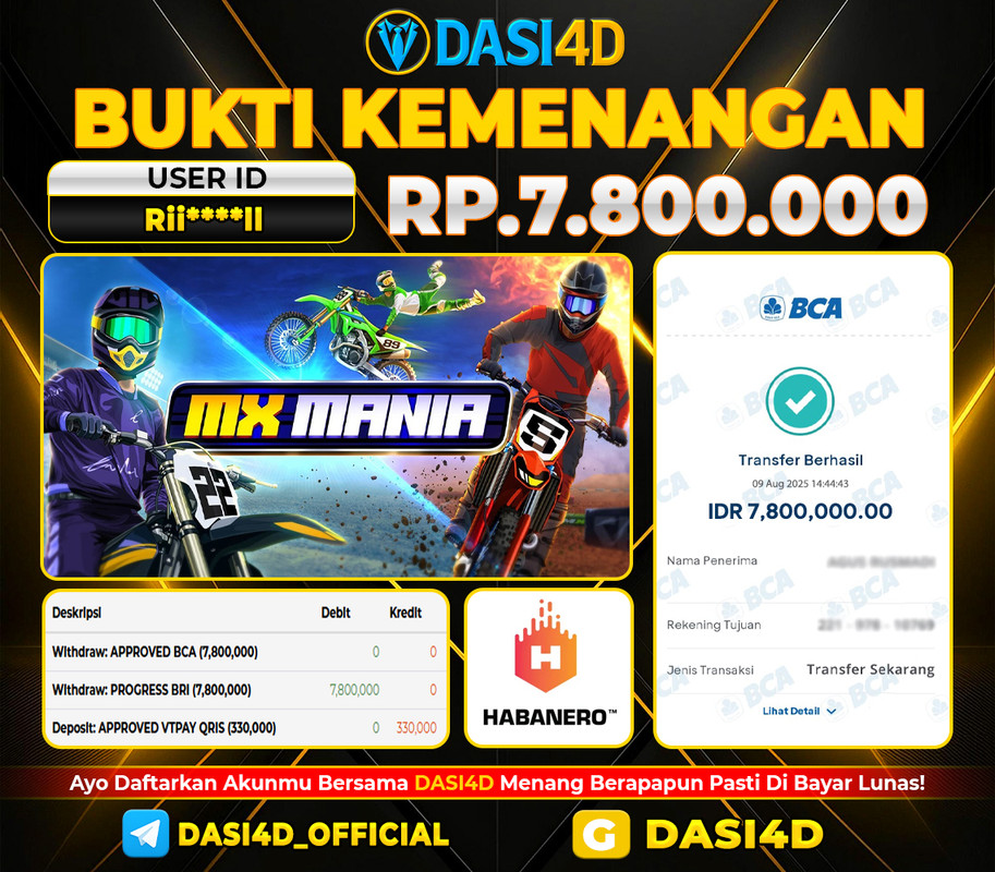 BUKTI KEMENANGAN 09 AGUSTUS 2025 DI MX MANIA WD 7.800.000