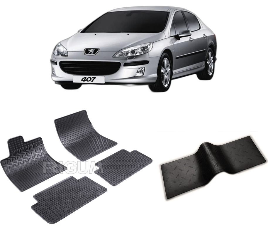 Set covorase auto PEUGEOT 407 din 2004-12.2010, cu covoras tunel median, CAROSERIE SEDAN, Presuri cauciuc 100%, compatibil cu autoturismul PEUGEOT 407, Rigum