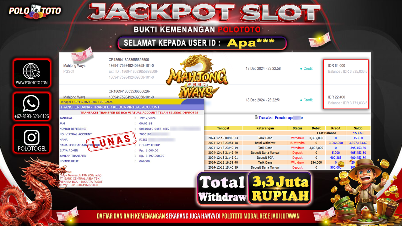 POLOTOTO JACKPOT SLOT MAHJONG WAYS Rp.3,397.000,-