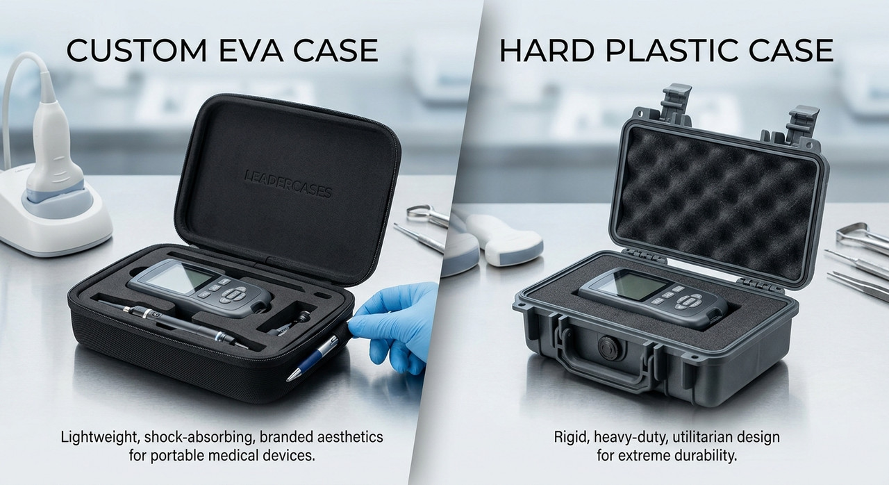 Side-by-side comparison of a custom EVA medical case with die-cut foam insert vs an injection-molded hard plastic case on a laboratory table.