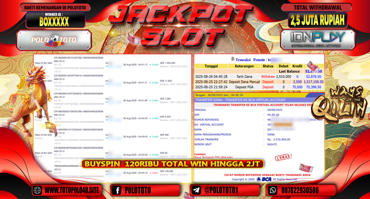 POLOTOTO JACKPOT SLOT WAYS OF THE QILIN Rp.2.510.000,-