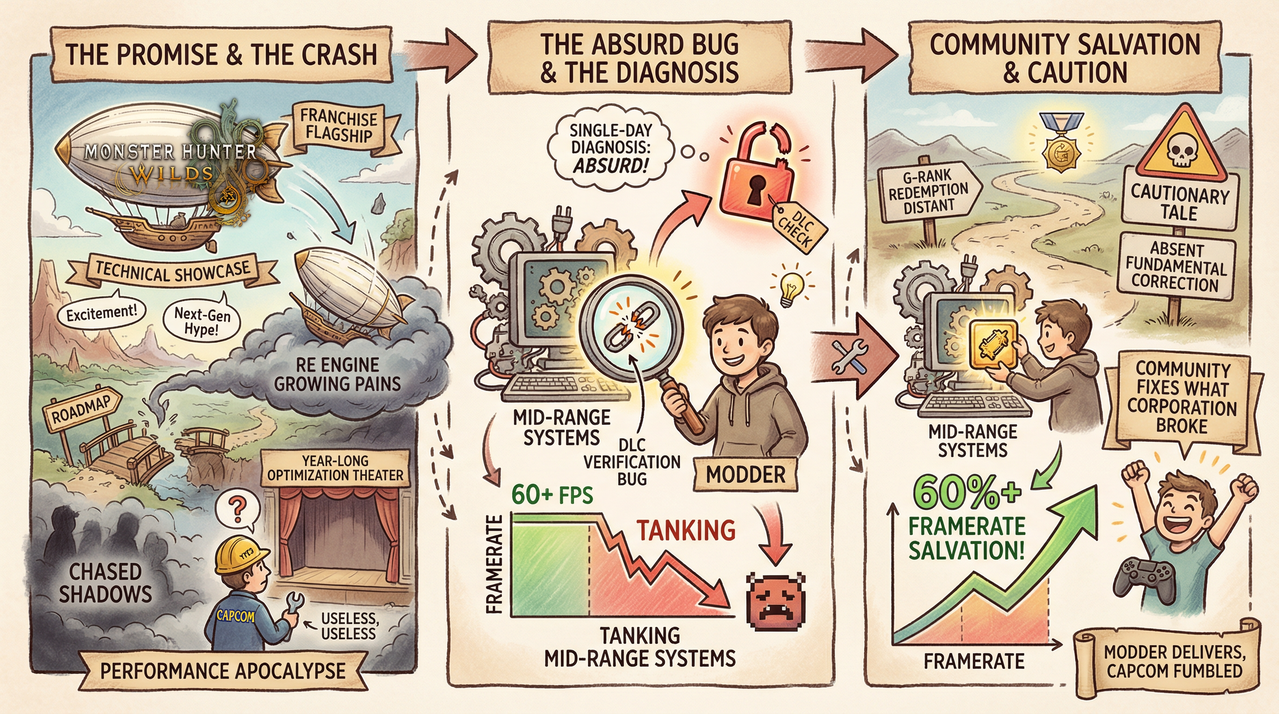 Frustrated gamer staring at stuttering Monster Hunter Wilds performance