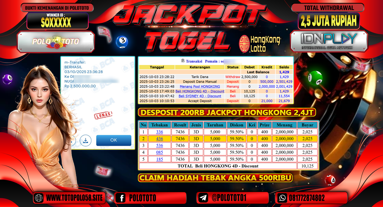 POLOTOTO JACKPOT TOGEL HONGKONG LOTTO Rp.2.500.000,- LUNAS