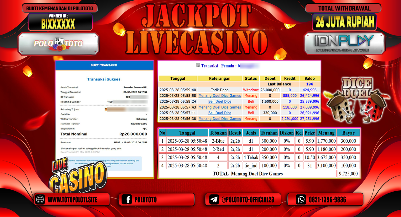 POLOTOTO JACKPOT LIVE CASINO DICE DUEL  Rp.26.000.000,-