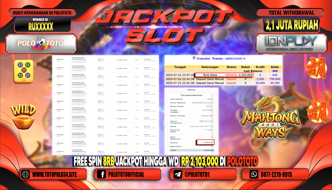 POLOTOTO JACKPOT SLOT MAHJONG WAYS Rp.2.100.000,- LUNAS