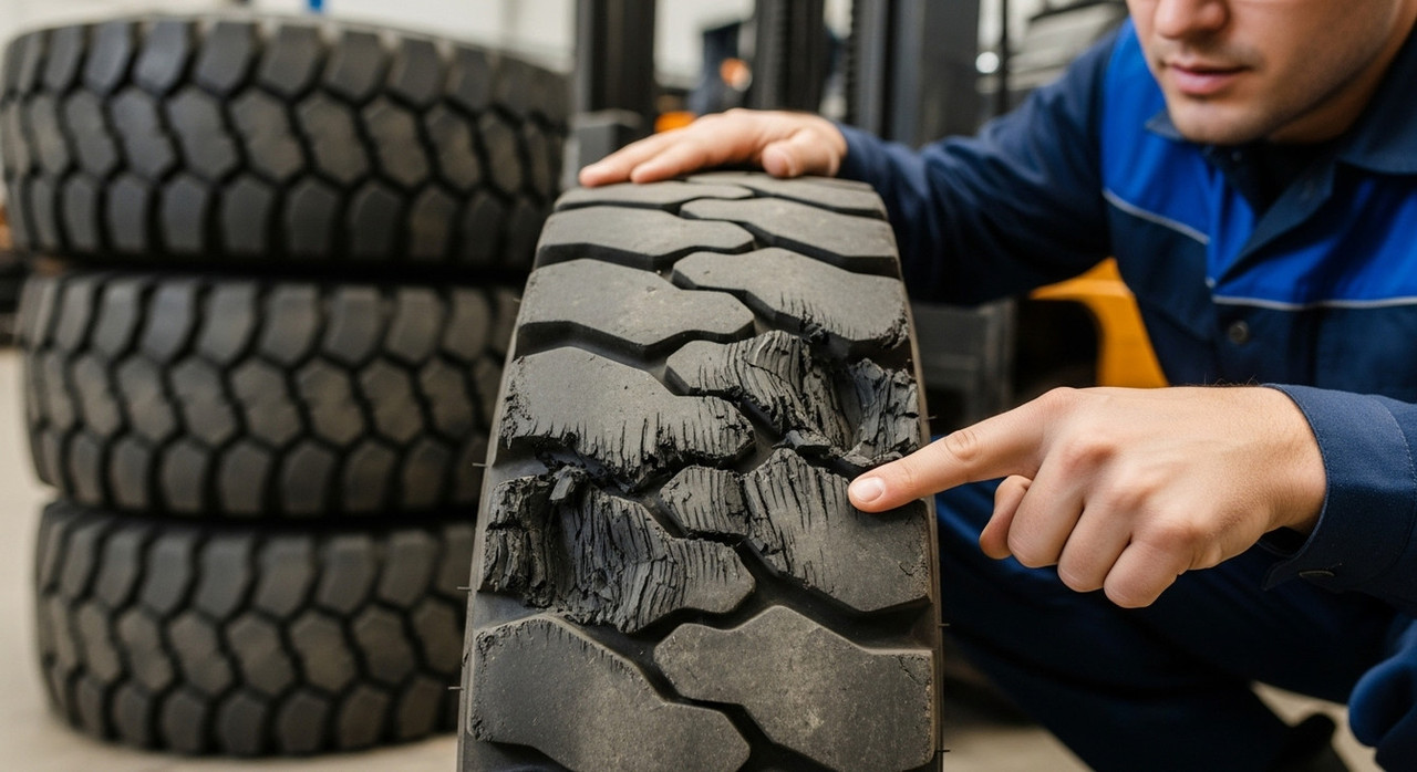 Проверка шин и ходовой части погрузчика при оценке состояния б/у техники перед ремонтом
